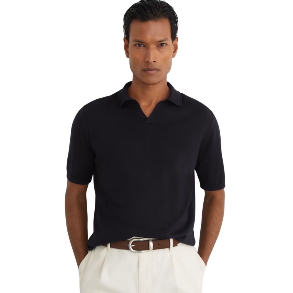 Reiss Duchie Merino Wool Open Collar Polo Shirt Navy L Italian Preppy